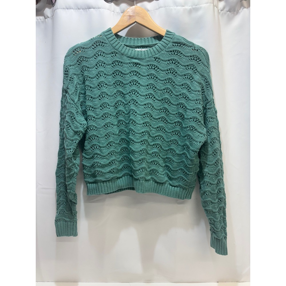 Hollister Sweater Womens Medium Green Pointelle Scallop Knit Cropped Cotton
